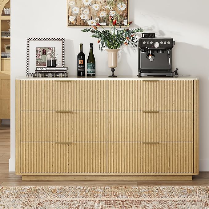 Fluted 6 Drawers Dresser with Charging Station, 55" Wide Modern Chest of Drawers with Faux Marble Top, Wooden Dresser TV Stand, Wood Drawer Organizer for Bedroom, Living Room, Hallway, Natural Oak