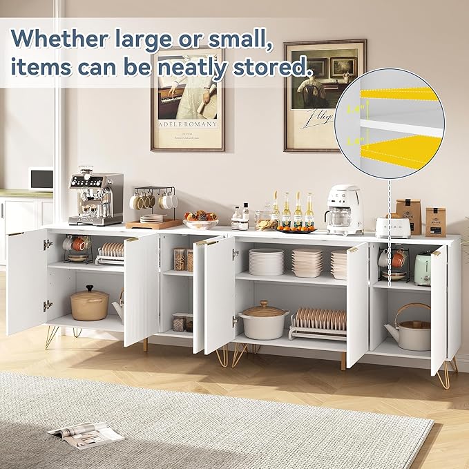 Storage Cabinet Set of 2, White Fluted Cabinet with Adjustable Shelves, Modern Coffee Bar for Kitchen, Living Room and Office