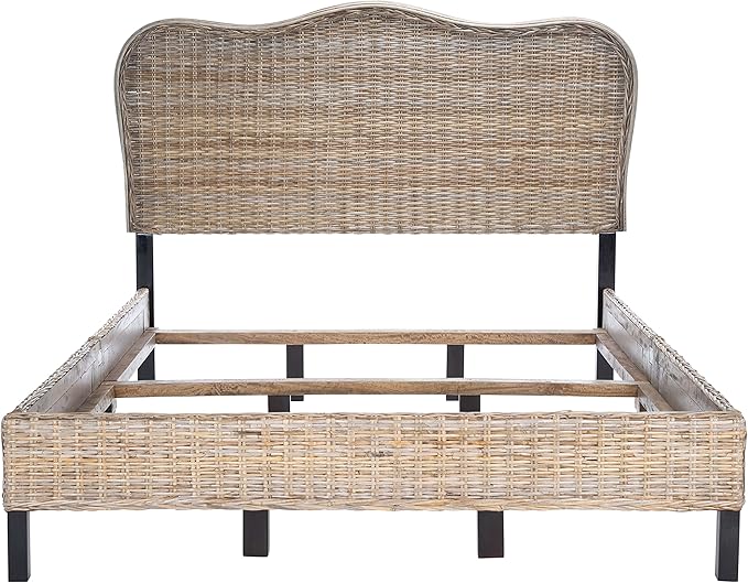 SAFAVIEH Home Collection Daejon Coastal Rattan Legs Camelback Headboard Queen Size Bed BED8001A-Q, Grey/Espresso