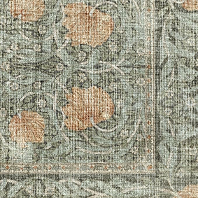 RUGGABLE x Morris & Co Machine Washable Runner Rug – Pimpernel Vintage Green 2.5x10, Stain-Resistant, Non-Slip – Washable Rug for Hallway, Entryway, Living Room & Kitchen–with Standard Pad