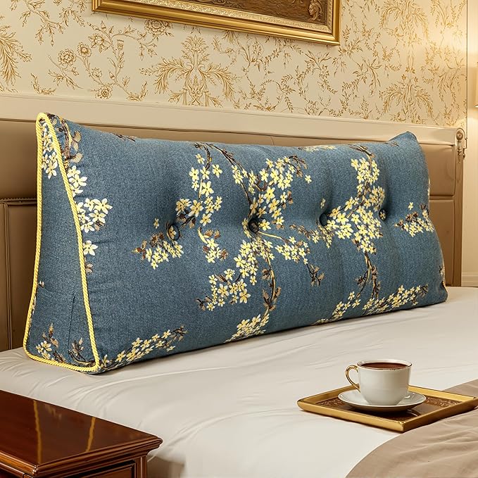 WOWMAX Large Bolster Triangular Headboard Backrest Positioning Support Reading Wedge Pillow for Day Bed Bunk Bed Removable Cover Full Size Lake Blue