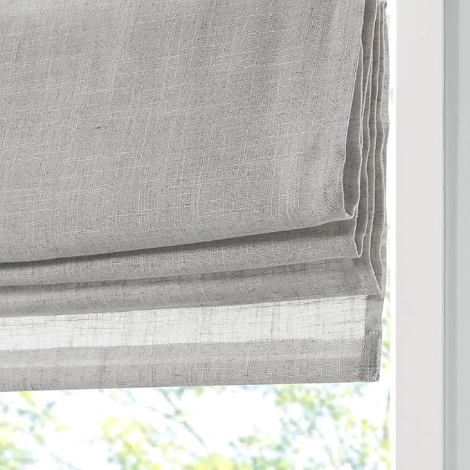 Madison Park Kyler Cordless Roman Shades - Single Panel, Lightweight Linen Blend Fabric, Natural Design, Easy Installation, Light Filtering Window Blind, Bedroom, Living Room Decor 34" W x 64" H Grey
