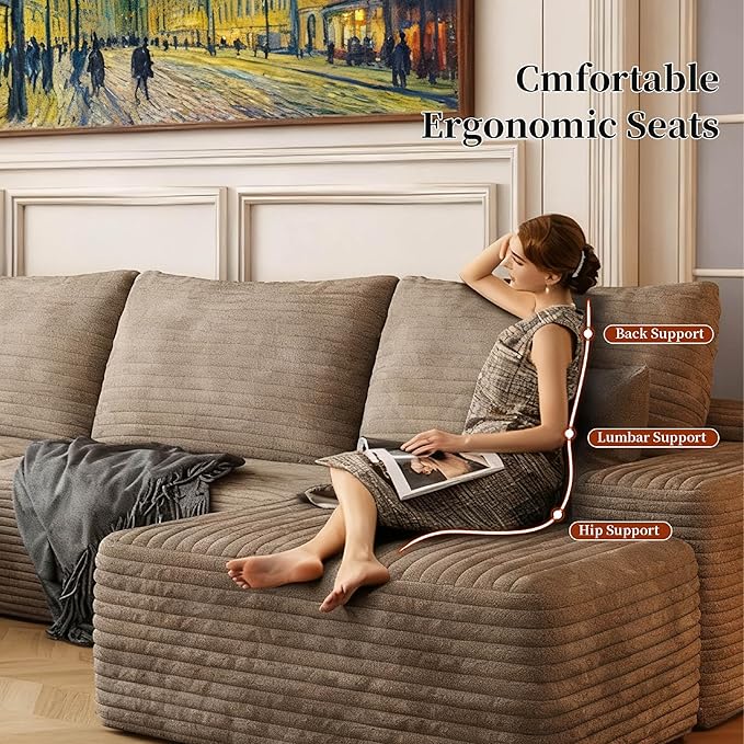 107.5" Compressed Boneless Couch with Ottoman, 2 Seater Large U Shaped Sectional Couches for Living Room, Camel Corduroy Cloud Modular Sectional Sofa, Memory Foam, No Assembly，Light Facing Chaise
