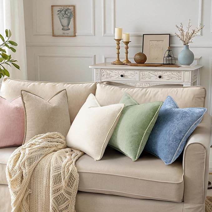 decorUhome Chenille Soft Throw Pillow Covers 18x18 Set of 2, Farmhouse Velvet Neutral Decorative Euro Pillow Covers with Stitched Edge for Couch Sofa Bed Home Decor, Beige