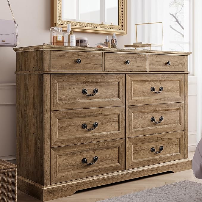 LINSY HOME 9 Drawers Dresser for Bedroom, Wide Wood Chest of Drawers with Metal Handle, Farmhouse Tall Drawer Organizer for Bedroom, Closet, Living Room, Hallway and Entryway, Rustic Oak