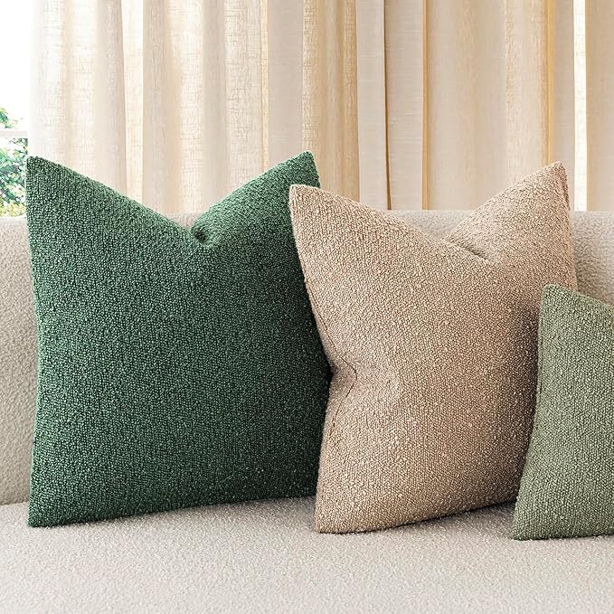 Foindtower Set of 2, Decorative Textured Boucle Throw Pillow Covers Accent Solid Pillow Cases Neutral Cozy Couch Cushion Case for Chair Sofa Bedroom Living Room Home Decor 16x16 Inch Pine Green