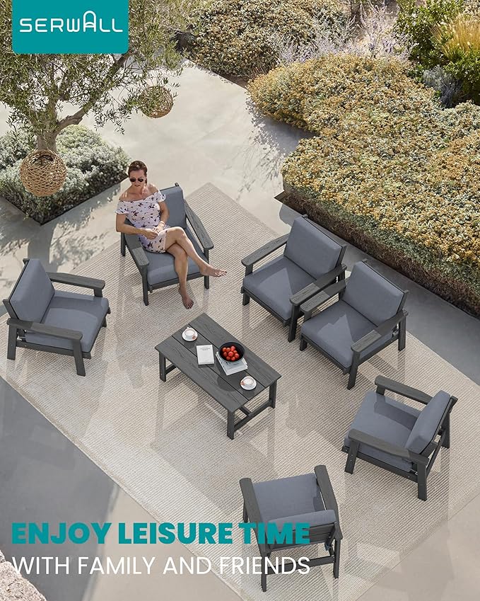 SERWALL HDPE Outdoor Furniture Set, 7 Piece All Weather Wood-Like Outdoor Sofa Sectional Couch, Grey Patio Furniture Set with Grey Cushions