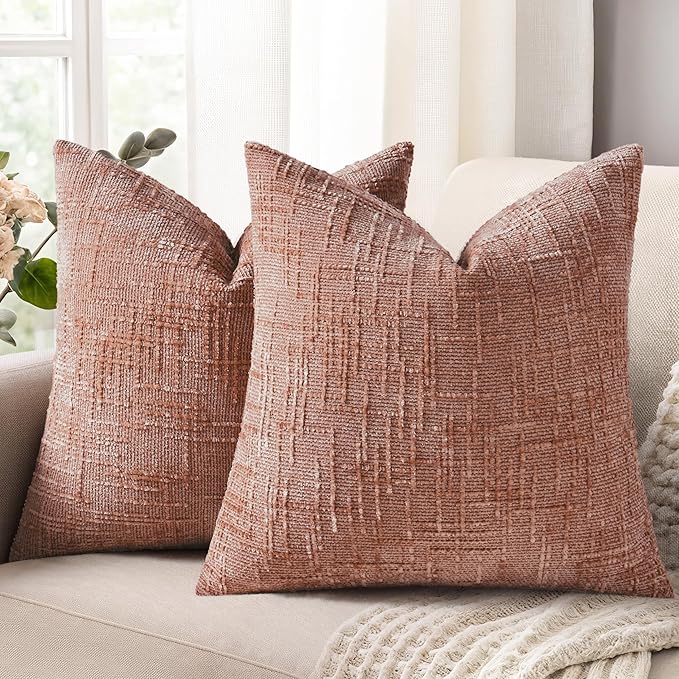 decorUhome Pink Chenille Throw Pillow Covers 18x18 Set of 2 Thick Textured Slubby Couch Pillow Covers Farmhouse Accent Modern Neutral Decorative Pillow Cases for Bed Sofa Living Room