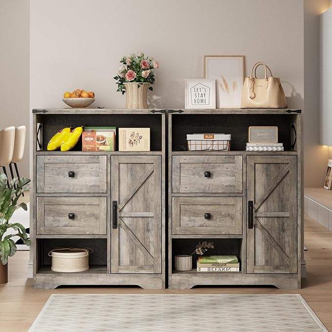 Fameill Farmhouse Storage Cabinet with 2 Drawers & Shelves,Freestanding Kitchen Cabinet with Doors,Floor Storage Organization for Living Room,Bathroom,Laundry,Grey