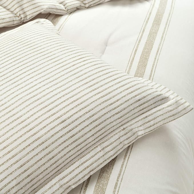 Lush Decor Farmhouse Stripe Reversible Cotton Comforter Set, 3 Piece Set, Full/ Queen, Neutral - Cozy Farmhouse Bedding Set - Rustic Decor - Striped Comforter - Modern Farmhouse Bedroom Decor