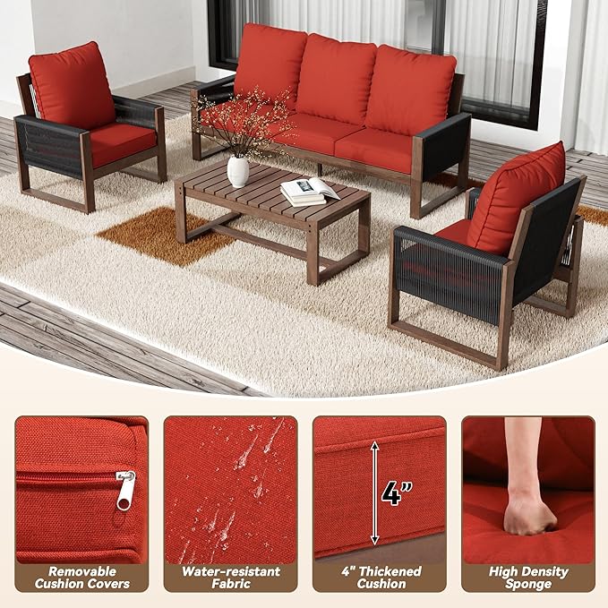 4 Piece Patio Furniture Set, Wooden Outdoor Furniture Conversation Set with Coffee Table, Modern PE Wicker Patio Chairs Conversation Sets with Sofa for Garden, Terrace, Porch, Balconies, Lawns
