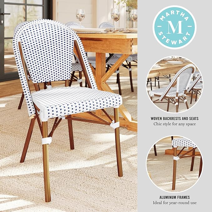 Martha Stewart Lily Pond Indoor-Outdoor Stackable Bistro Chairs with Natural Woodgrain Aluminum Frame Finish, White/Navy Woven Rattan Backrests/Seats, Set of 2