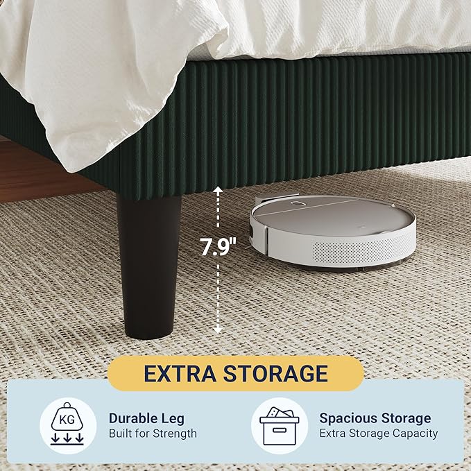 Allewie Queen Size Upholstered Bed Frame with Vertical Channel Tufted Headboard, Soft Corduroy Fabric Platform Bed, Strong Wooden Slats Support, Easy Assembly, No Box Spring Needed, Dark Green