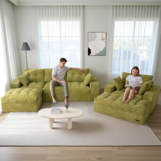MAXYOYO Sectional Sofa Couch and Chaise Lounge, L Shaped Modern Cloud Couch with Ottoman, Comfy Sofa with Layered Cushion, Tufted Upholstered Sleeper Chair for Living Room, No Assembly Required
