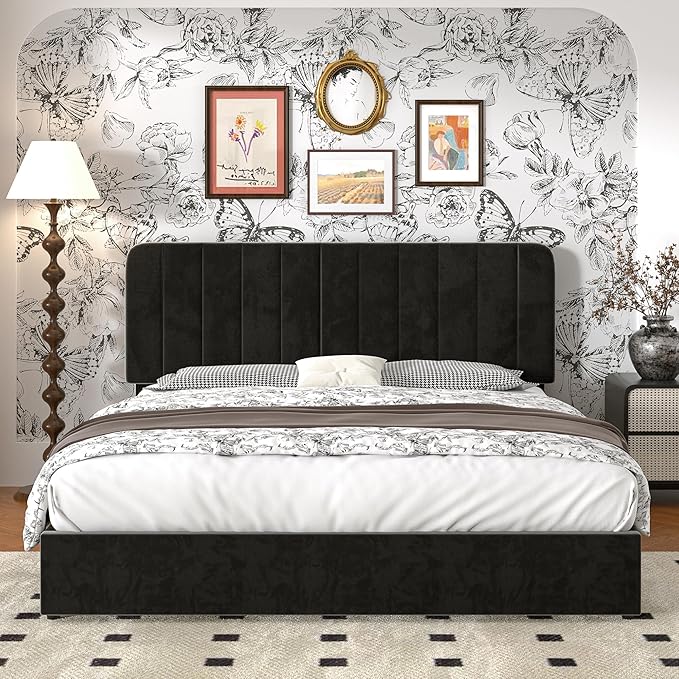 VECELO Full Size Upholstered Bed Frame with 4 Drawers and Headboard, Velvet Platform Storage Bedframe, Wooden Slats Support, No Box Spring Needed,Black