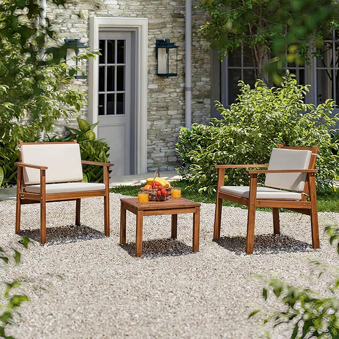 Devoko Patio Set 3 Piece Acacia Wood Outdoor Furniture Conversation Seat with Table & Cushions Porch Chairs for Balcony, Deck, Backyard