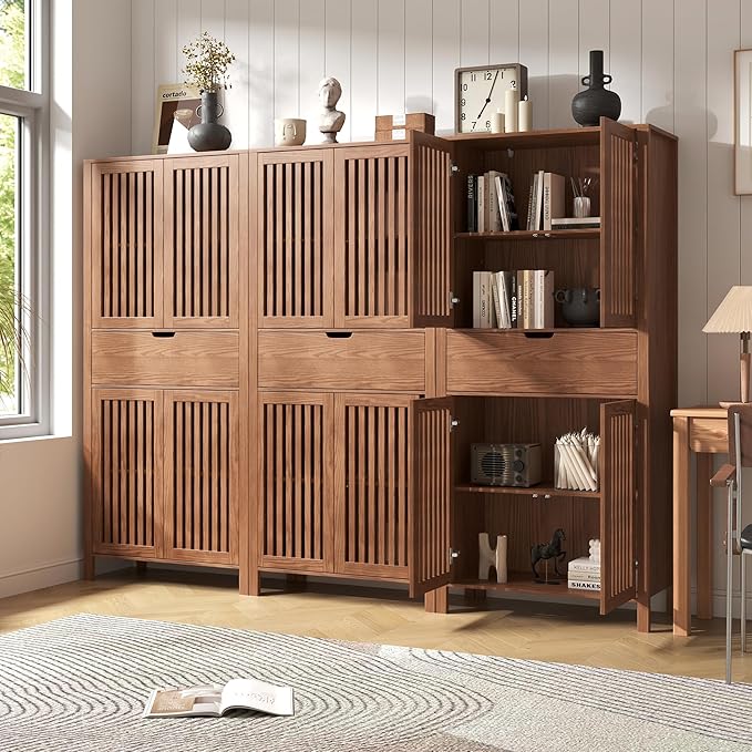 Set of 3 Rustic Brown 69" Tall Farmhouse Storage Cabinet with Drawer & Adjustable Shelves, Grille Door Organizer Unit, Anti-Tip Design for Bathroom,Kitchen,Living Room