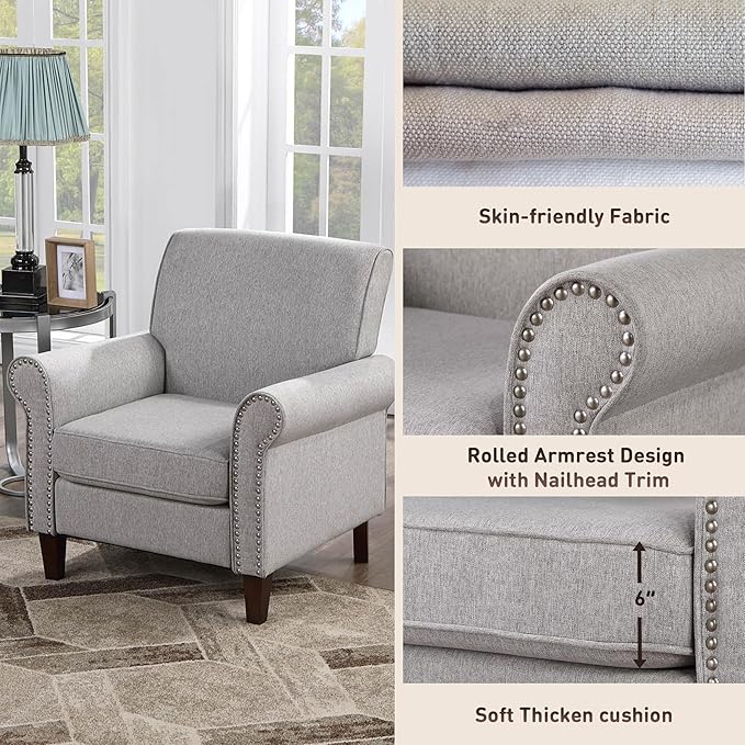 Prilinex Upholstered Living Room Chair Set of 2 - Large Comfy Fabric Accent Chair Single Sofa with Cushion, Rolled Armrest & Nailhead Trim, Mid Century Modern Armchair for Bedroom, Office, Grey