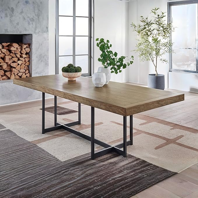 Signature Design by Ashley Tomtyn Casual Self Storing Leaf Dining Extension Table with Trestle Base, Light Brown