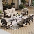6 Piece Metal Outdoor Patio Furniture Set, Patio Conversation Set 1 3-Seater Sofa, 2 Fixed Sofa, 2 Rocking Sofa with 5.75" Thick Cushion & Coffee Table Black Backyard Furniture, Beige