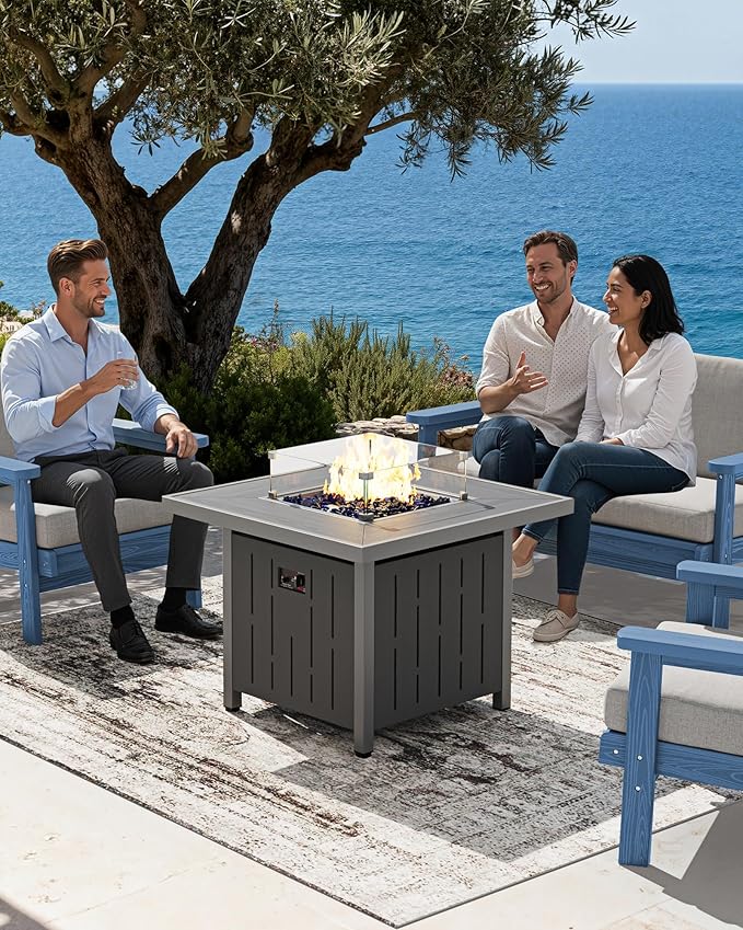 SERWALL Patio Furniture Set with 33” Fire Pit Table, HDPE Outdoor Sectional Sofa Set with Thickened Cushions, Grey Frame with Grey Cushions