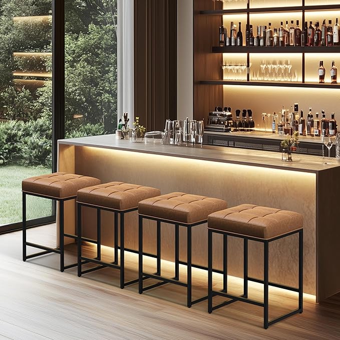 Yaheetech Bar Stools Set of 2, 24 Inch Counter Height Bar Stools Set, Backless Kitchen Island Stools, Faux Leather Stools for Kitchen Island, Brown