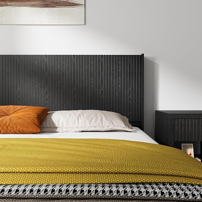 KEIKI Wooden King Size Headboard Only, 80.2" Wide Farmhouse Headboards with Wall Mounted Fluted Panel & Wingback for Bedroom, Black Oak