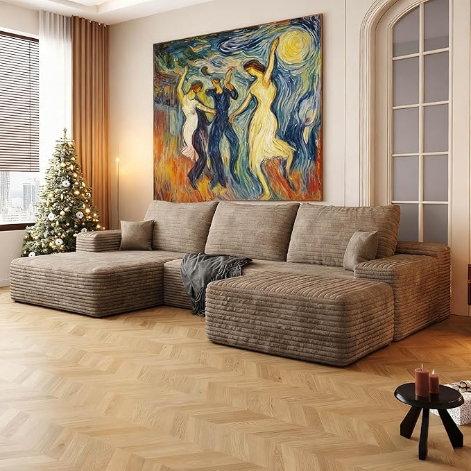 107.5" Compressed Boneless Couch with Ottoman, 2 Seater Large U Shaped Sectional Couches for Living Room, Camel Corduroy Cloud Modular Sectional Sofa, Memory Foam, No Assembly，Light Facing Chaise