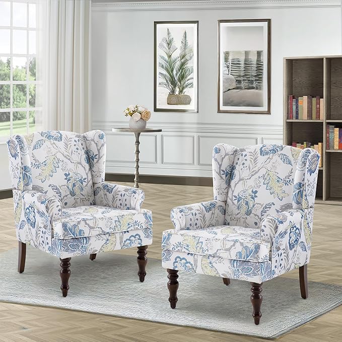 HUIMO Living Room Chair Upholstered High Back Armchair Retro Printed Wingback Chair in Linen for Bedroom & Study Comfy Accent Sofa Chair Reading Chair Holds 300lbs (Navy Blue) (2, Blue Floral-2PCS)