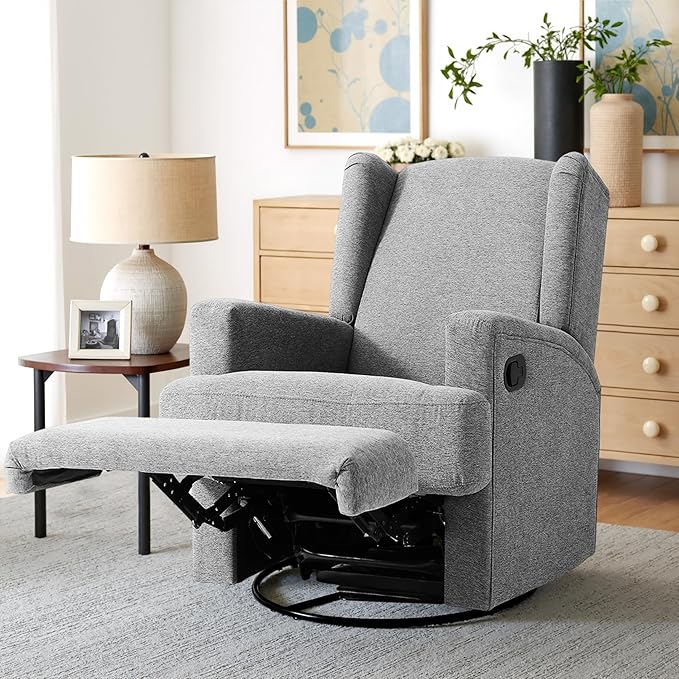 Swivel Glider Recliner Chair for Adults with Deep Seat - High Back Rocker Reclining Accent Chair, Manual Recliner for Living Room & Nursery, Comfortable Upholstered Fabric Armchair-Light Gray