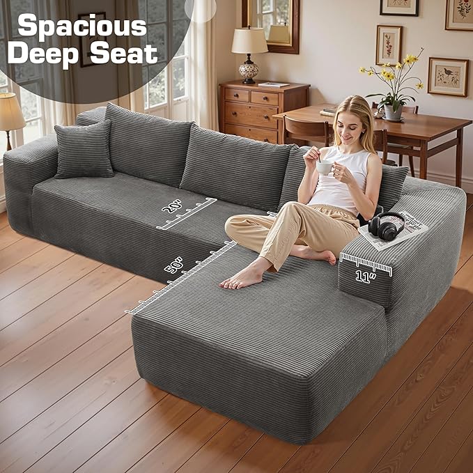 106" Cloud Sectional Couch with Chaise Lounge,L Shaped Modular Modern Sofa,Comfy Corduroy Fluffy Couches with Deep Seat,No Assembly Required Couch for Living Room(Right,Stripe Corduroy,Gray)
