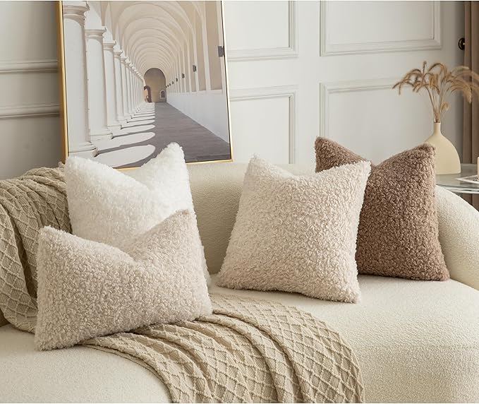 Pack of 2 Curly Teddy Wool Faux Fur Throw Pillow Covers Fuzzy Accent Soft Sherpa Pillowcases Sheepskin Fleece Decorative Cushion Case for Sofa Couch Living Room 24x24 Inch Neutral White