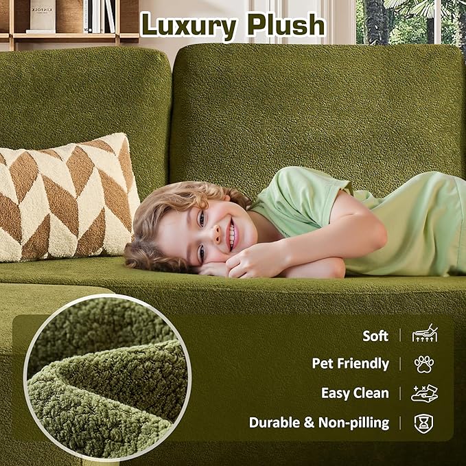 106" Cloud Sectional Couch with L-Shape Chaise & Ottoman, No Assembly Modular Sofa, Deep Seat Corduroy Boneless Couched for Living Room (Green Cloudy Velvet, Right Facing Chaise with Ottoman)
