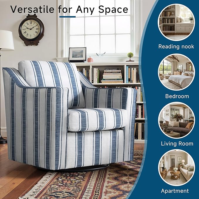 Pia Ricco 360° Swivel Accent Chair, Oversized Modern Striped Fabric Armchair with Removable Cover for Living Room and Reception,Navy