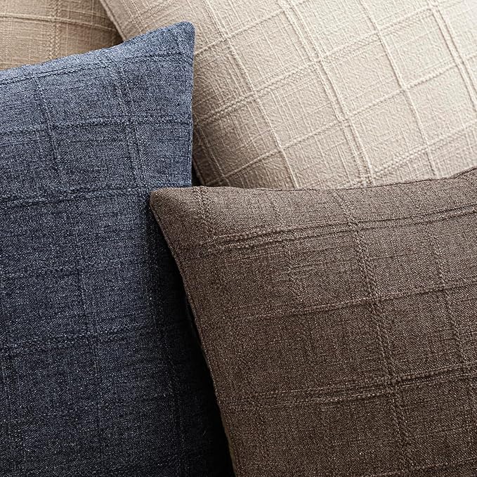 Foindtower Set of 2 Decorative Linen Check Throw Pillow Covers Neutral Farmhouse Lumbar Cushion Covers Modern Boho Home Decor for Sofa Chair Couch Bedroom Living Room,12×20 Inch,Dark Brown