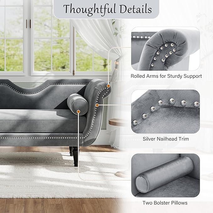 Christopher Knight Home Aurora Velvet Chaise Lounge Indoor with 2 Bolster Pillows, Upholstery Entryway Bench with Nailhead Trim & Curved Arms, End of Bed Bench Ottoman and Wooden Legs, Grey