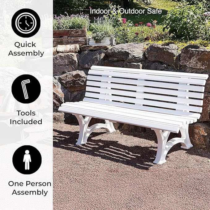 Plow & Hearth Weatherproof German PVC Outdoor Bench | 3-Seat | Holds Up to 500 lbs | Garden Patio Porch Park Deck | Steel and Resin (White)