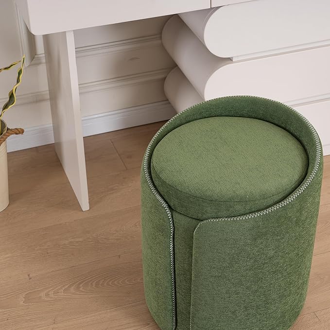 Swivel Vanity Stool with Gold Base Comfy Vanity Chair Modern Round Stool for Makeup Vanity Ottoman Foot Rest for Bedroom livingroom, Green