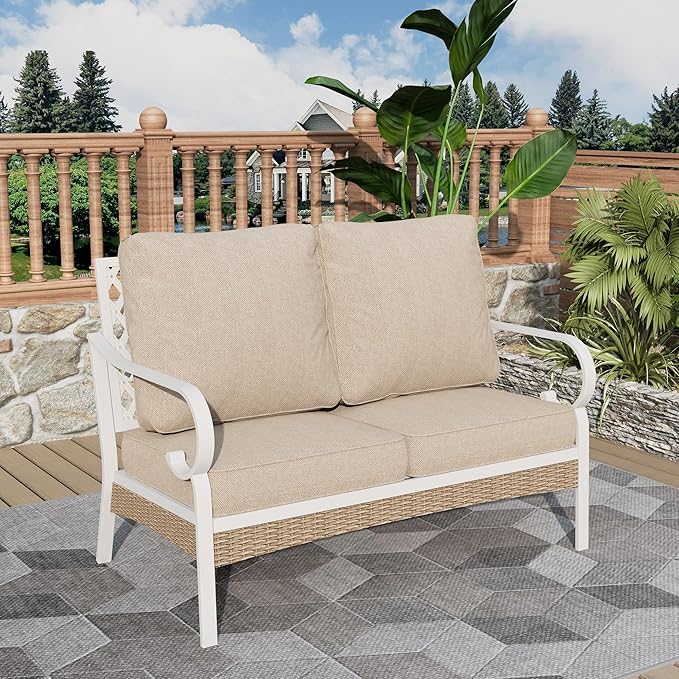 Patio Furniture Sofa, Love-Seat Patio Sofa Steel Frame Outdoor Sectional Couch with Deep Seating and 5.5” Cushions for Lawn Backyard Porch Deck, Beige