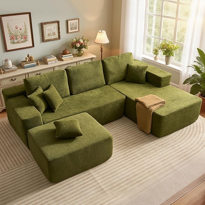 106" Cloud Sectional Couch with L-Shape Chaise & Ottoman, No Assembly Modular Sofa, Deep Seat Corduroy Boneless Couched for Living Room (Green Cloudy Velvet, Right Facing Chaise with Ottoman)