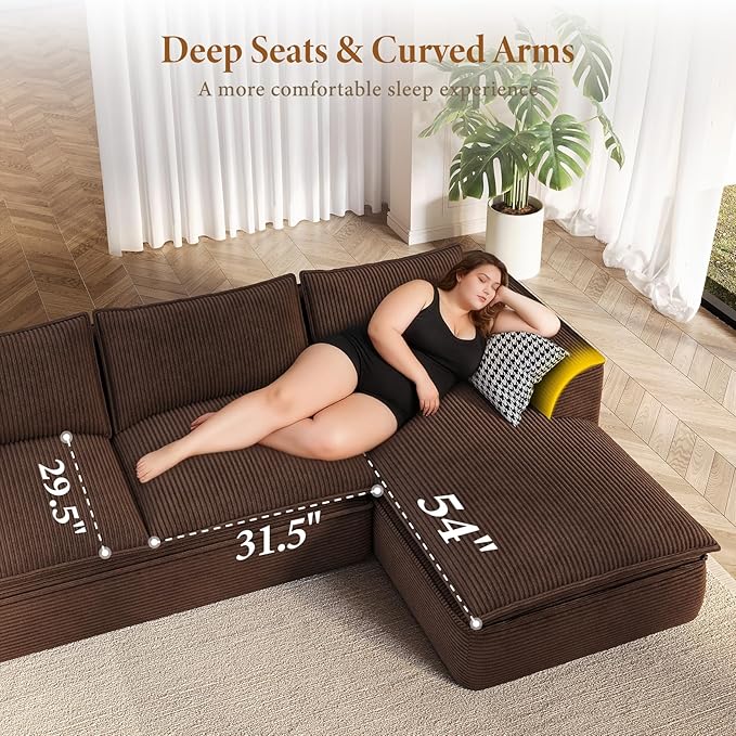 Vesgantti 141.7" Oversized Boneless Sectional Couch, Modern 7 Seater Modular Sofa with Chaise, Deep Seat Convertible Corduroy Cloud Couches for Living Room, No Assembly Required, Dark Brown