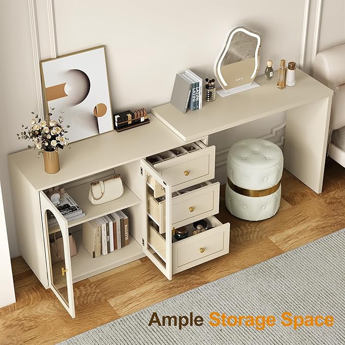 RoyalCraft L Shaped Home Office Desk, Large Extendable and Rotatable Desk with 3 Drawers and 2 Doors, Corner Computer Desk, Modern Study Writing Table for Bedroom, Home Office, Beige