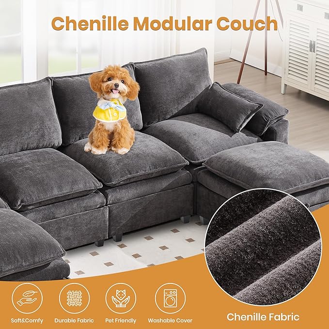 130" U Shaped Modular Sectional Sofa, Couch with Ottoman Storage, Chenille Cloud Couch with Plush Deep Seating for Living Room, Bedroom (8 Seat, Grey)