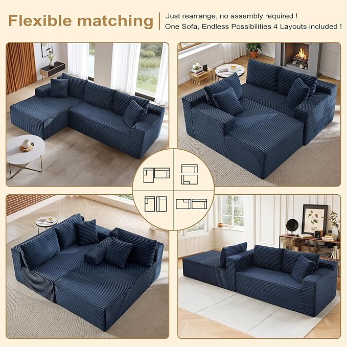 105" Sectional Couches for Living Room Cloud Couch Sofa with L-Shape Upholstered Boneless Couchs Modern Modular Sectional Couch with Chaise (Blue, 105''W Left Facing Chaise)