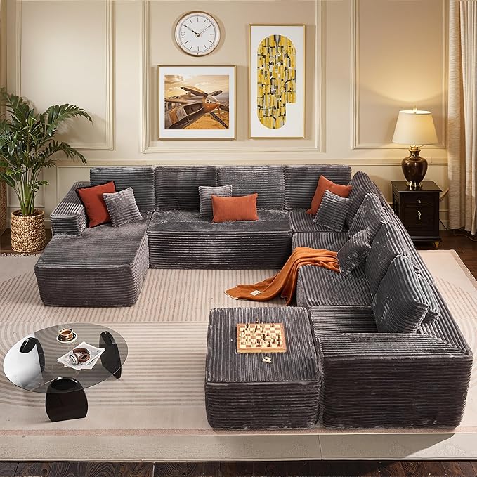 146'' Oversized Boneless Sectional Couch, U Shaped Cloud Couches with Chaise & Ottoman, Plush Corduroy 8 Seater Deep Seat Modular Sofa Sets for Living Room, No Assembly Required, Gray