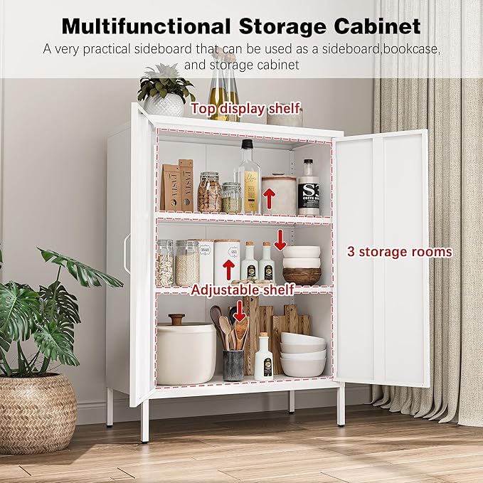 Metal Locker Cabinet with 2 Doors, White Metal Accent Cabinets for Home Office, 40" Counter Height Storage Lockers Sideboard for Home Office Kitchen Living Room Hallway Entryway