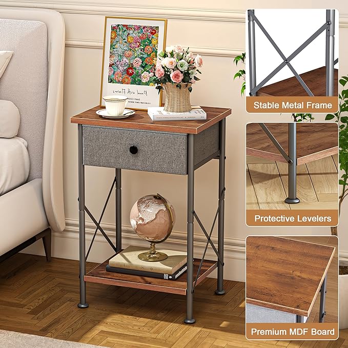VECELO Night Stands for Bedroom Nightstand Bedside End Tables with Drawer Storage, (Set of 2), Rustic Brown