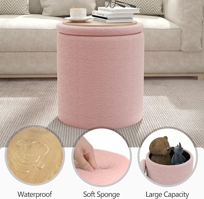Ottoman Poufs with Storage, Set of 2 Soft Upholstered Vanity Stool,Multifunctional Ottomans Coffee Table Padded Seat Foot Rest for Living（Pink, Pack of 2）