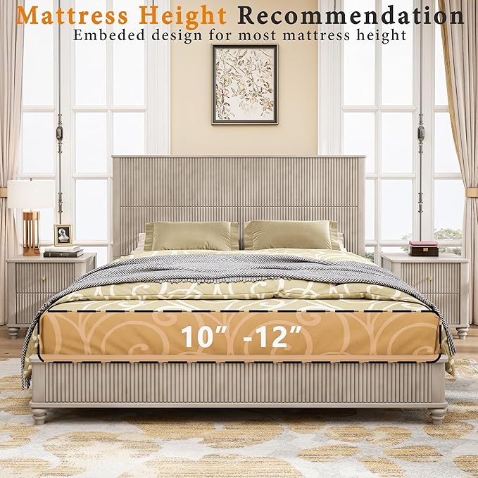 King Size Solid Wood Platform Bed Frame, Solid Wood Bed with 79.13" Headboard, Solid Wood Leg/No Box Spring Needed/Noise Free/Beige