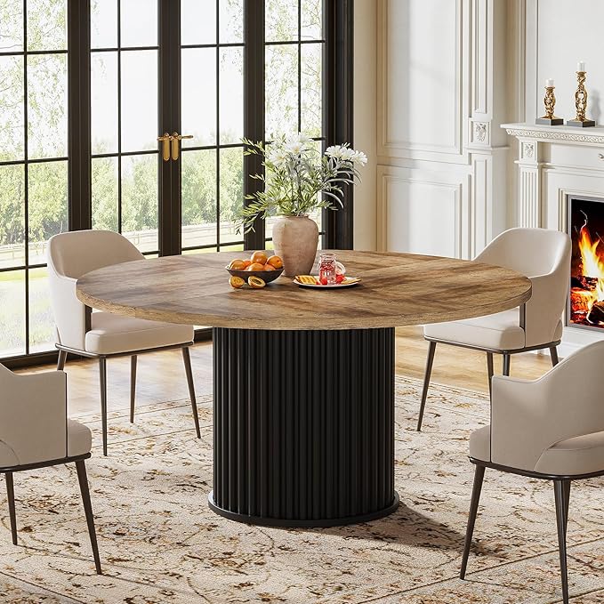 Tribesigns Round Dining Table for 4-6, 47-Inch Modern Circle Kitchen Table with Fluted Round Base, Farmhouse Wood Dinner Table for Dining Room, Kitchen, Living Room, Brown and Black